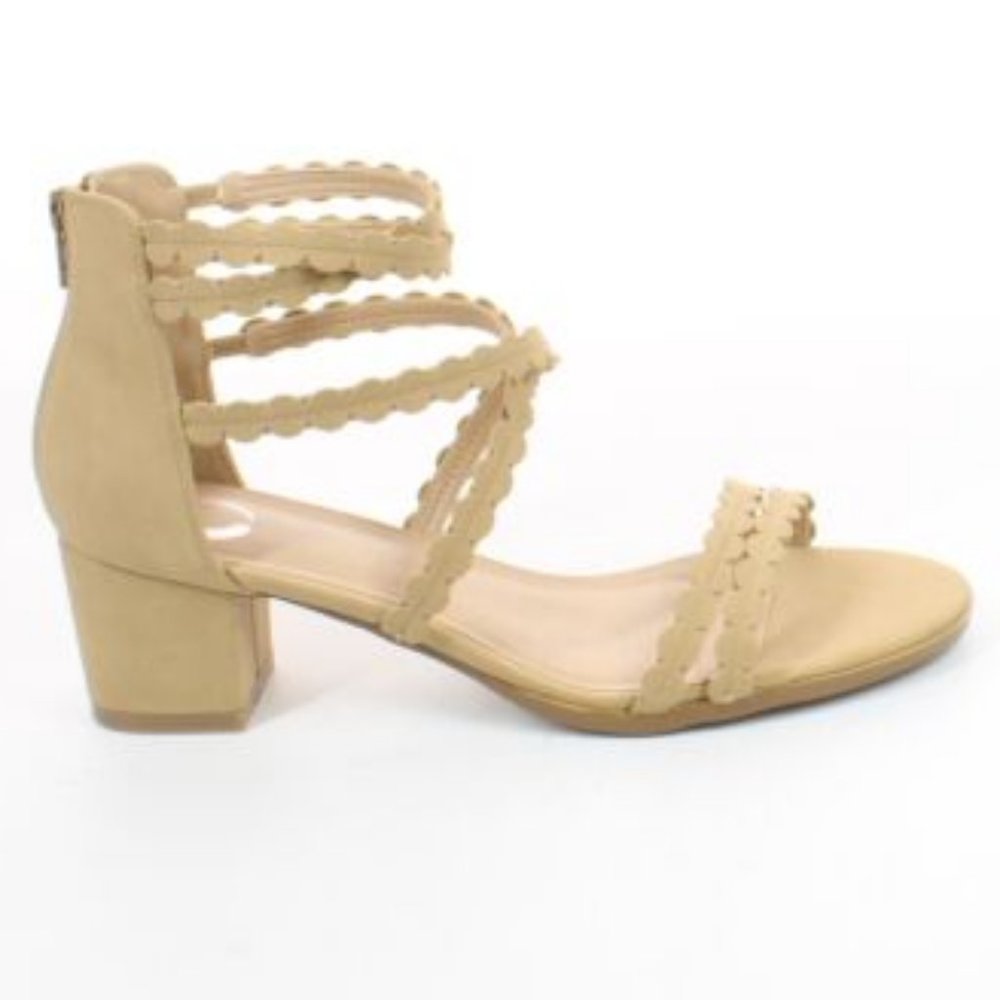 NEW JOURNEE COLLECTION  TAN FAUX SUEDE ANKLE STRAP ZIP BACK BLOCK SANDALS 8.5‎
